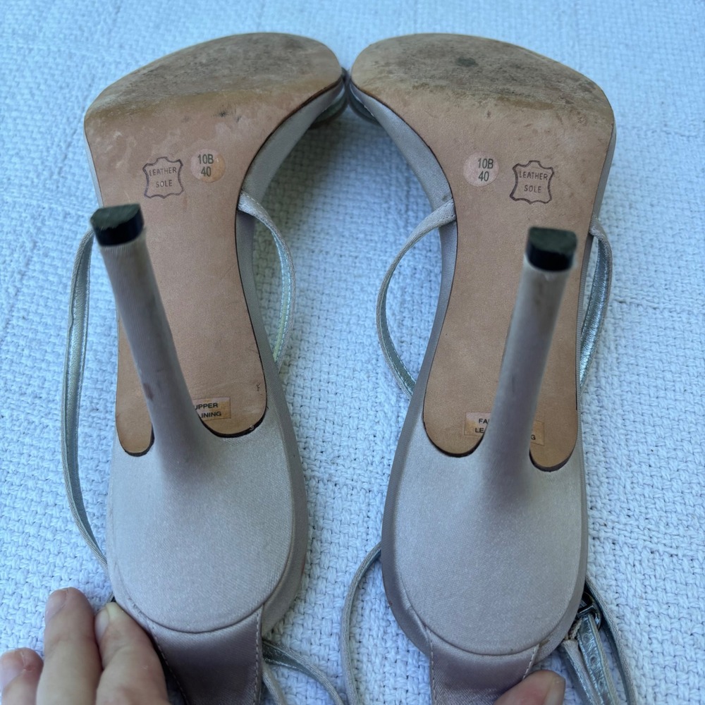 Women's 10 BCBGMAXAZRIA Thin Strappy Taupe Gray Minimalist Stiletto Heels - Picture 7 of 7